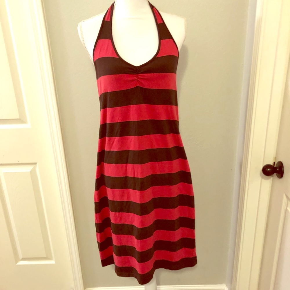 Brown and raspberry striped cotton summer dress